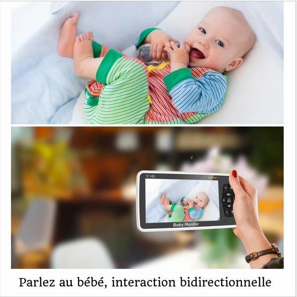 La photo montre une maman qui surveille son bébé avec son baby phone.