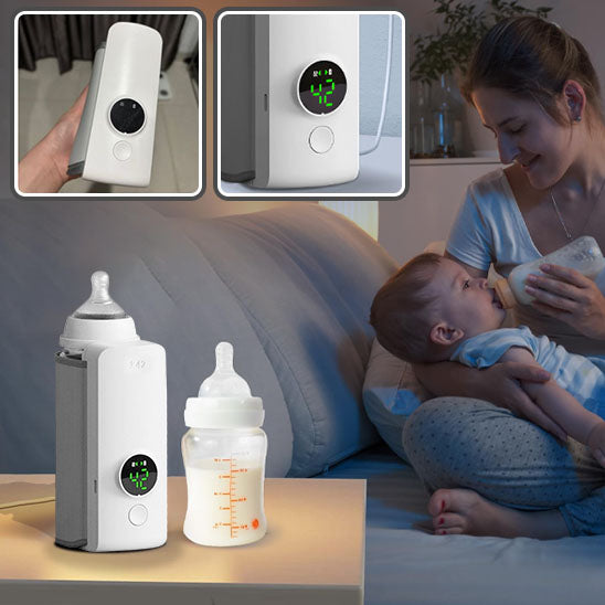 La photo montre une maman qui donne le biberon à son bébé avec une présentation du chauffe-biberon à batterie.