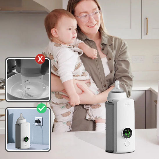 La photo montre une maman avec son bébé dans les bras et un chauffe biberon en présentation.