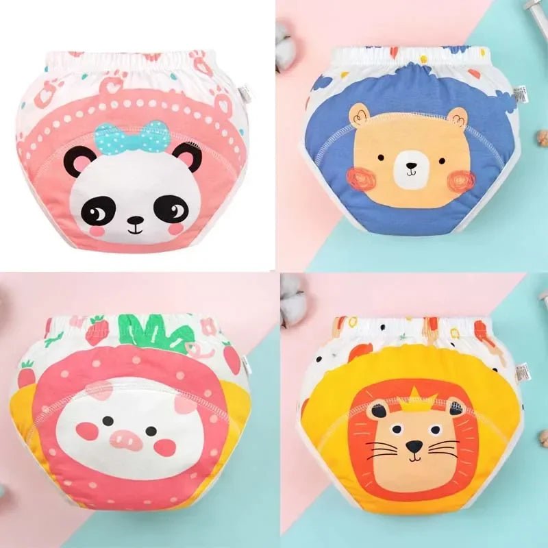 La photo montre quatre couches lavables pour bébé décorées de motifs d&