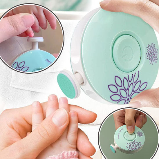 La photo montre plusieurs images du coupe-ongles électrique pour bébé de couleur verte.