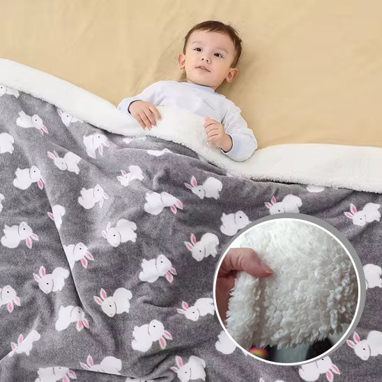 La photo montre un enfant recouvert de sa douce couverture aux motifs de lapins.