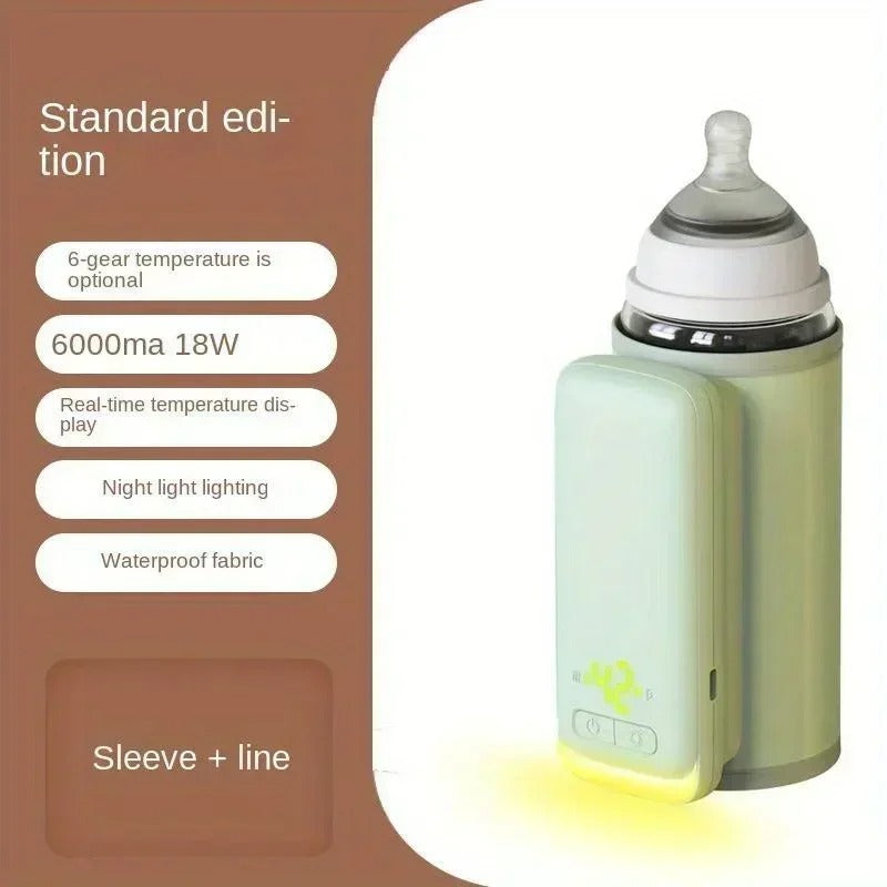 La photo présente un chauffe-biberon de couleur vert avec un descriptif.