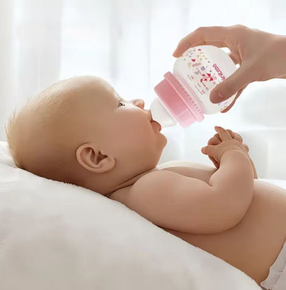Baby bottles, specifically wide-bore PP bottles with bear-shaped caps, available in pink