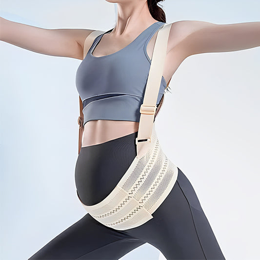 La photo montre une femme enceinte qui porte une ceinture de grossesse à bretelles.