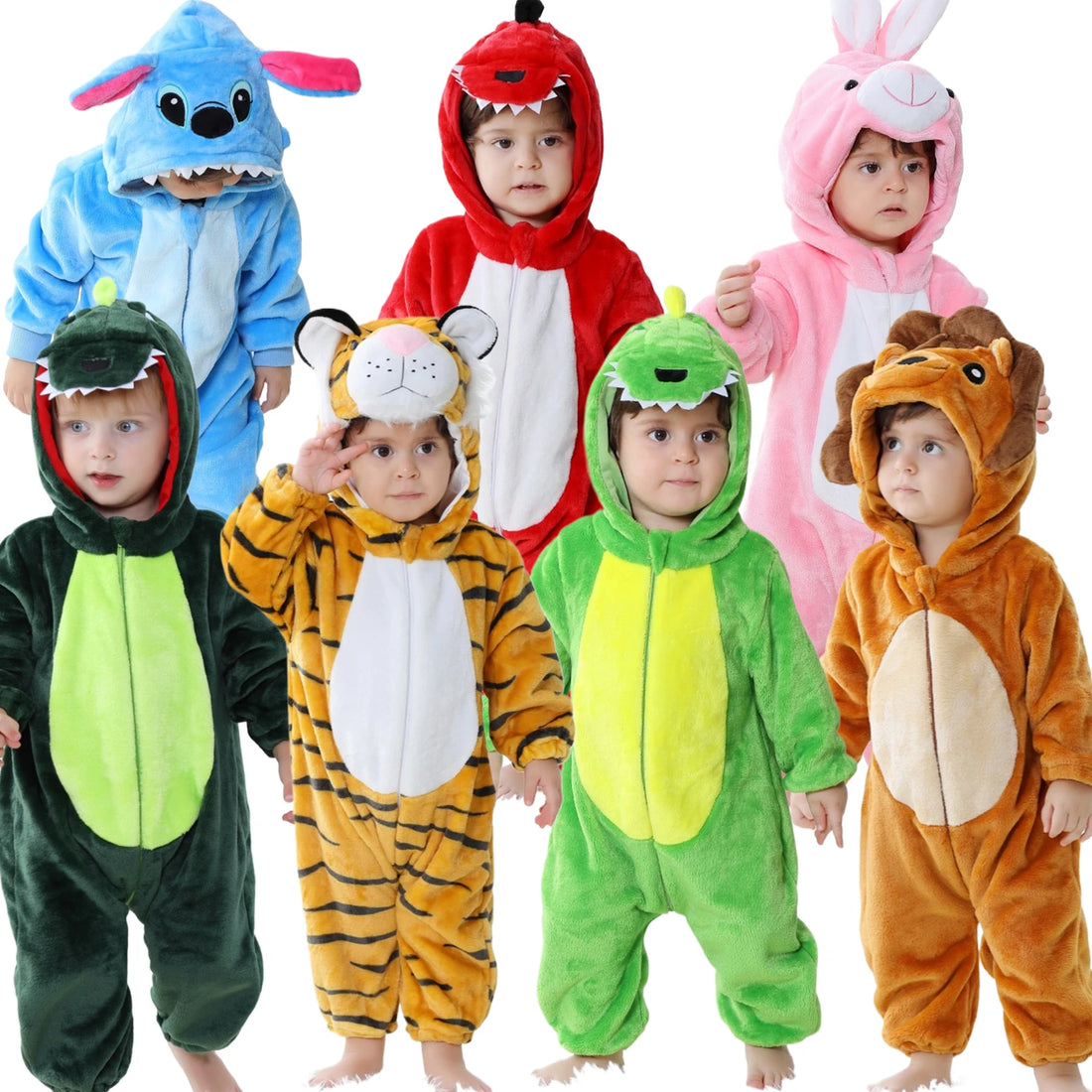 La photo montre plusieurs enfants habillés avec une grenouillère représentant un animal, tous différents ainsi que de couleurs différentes.