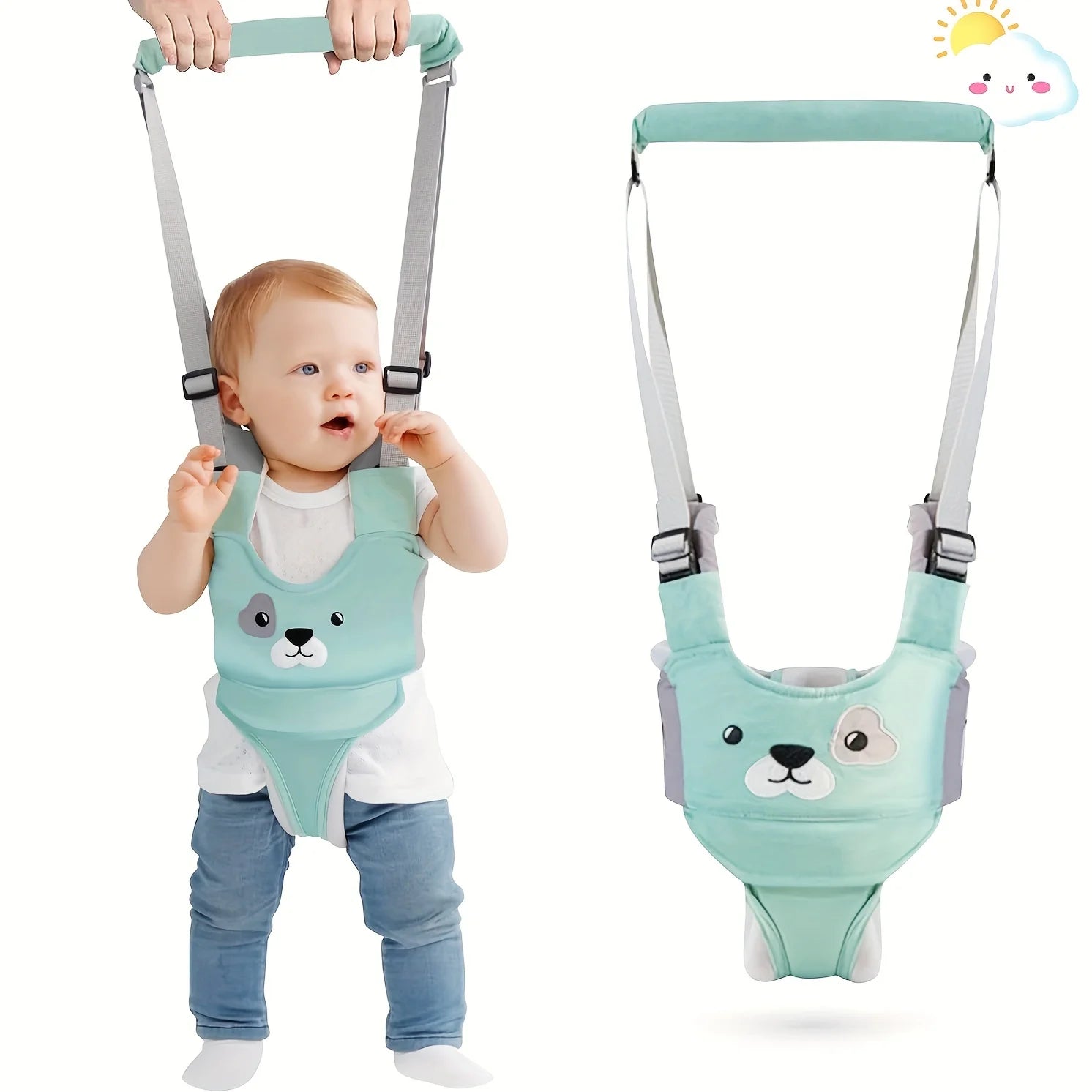La photo montre un bébé dans son harnais vert d'apprentissage à la marche.
