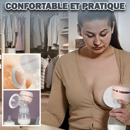 La photo montre une maman se servant d'un tire-lait portable en expliquant comment il est facile et pratique de s'en servir.