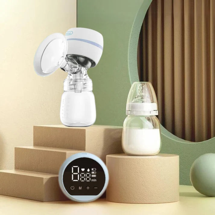 La photo montre un tire-lait portable sur son présentoir.